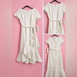 Calvin Klein Cream Ruffle Wrap High-Low Dress